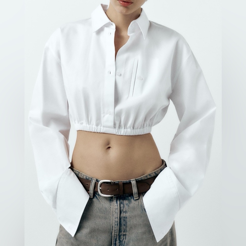 Zara White Button Down Gabardine Crop Top, Size XS